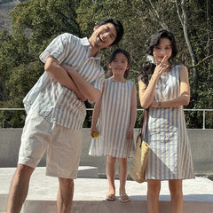 Korea Style Family Matching Outfit Striped Print Short Sleeve T-shirt+Shorts Tank Dress Parent-child Clothing Beach Holiday Look