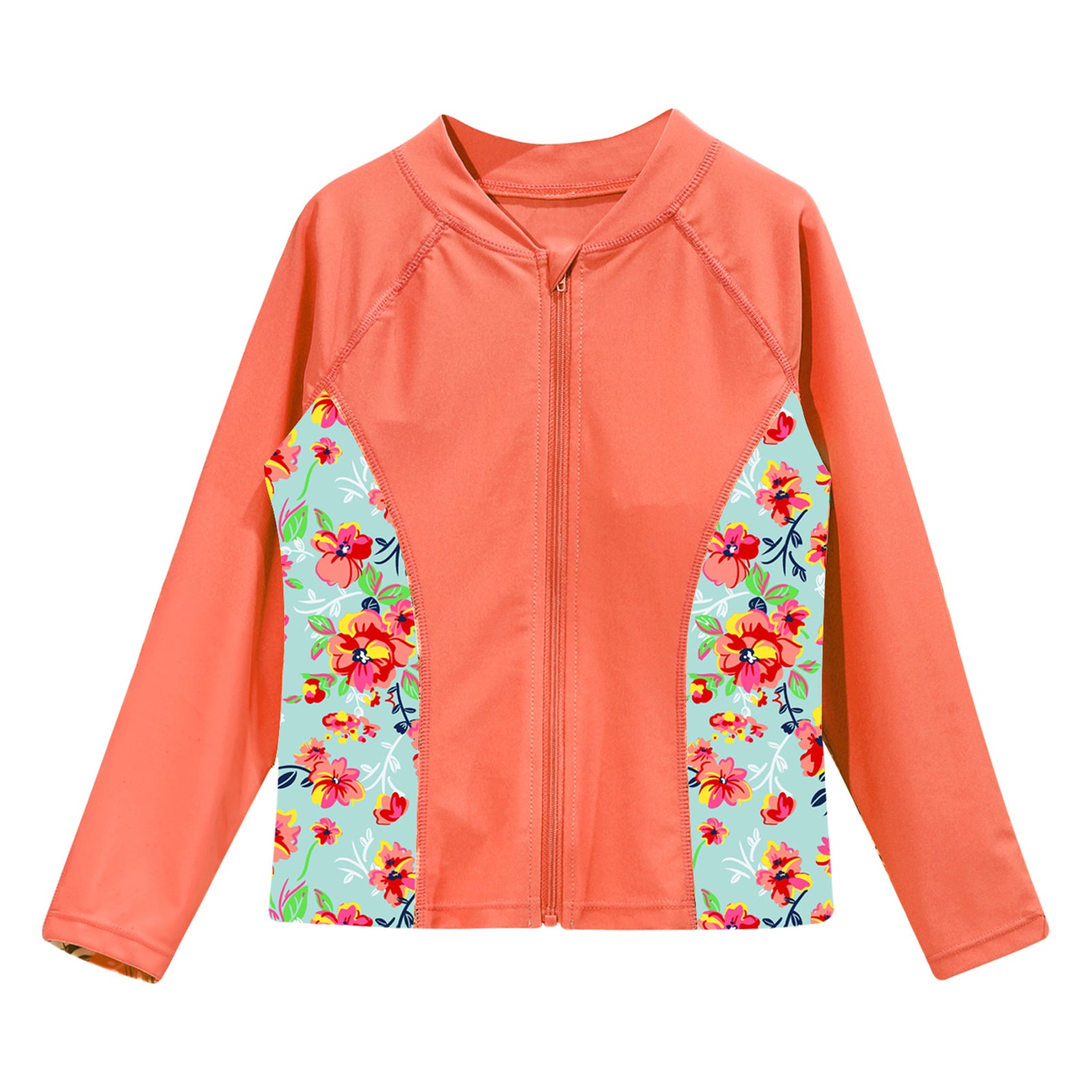 Kids Girls Print Rash Guard T-Shirt Swim Top Long Sleeve Zipper Tops UPF 50+ Sun Protection Pool Swimming Bathing Beach Swimwear