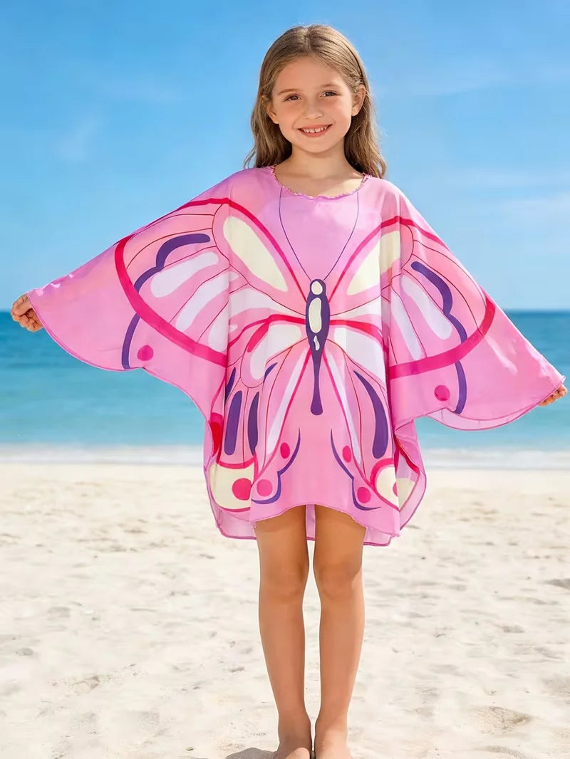Kids Girls Butterfly Print Sunscreen Shirt Mesh Clothing for Beach Swimming Children's Swimwear Cover-Up Outerwear Single Piece