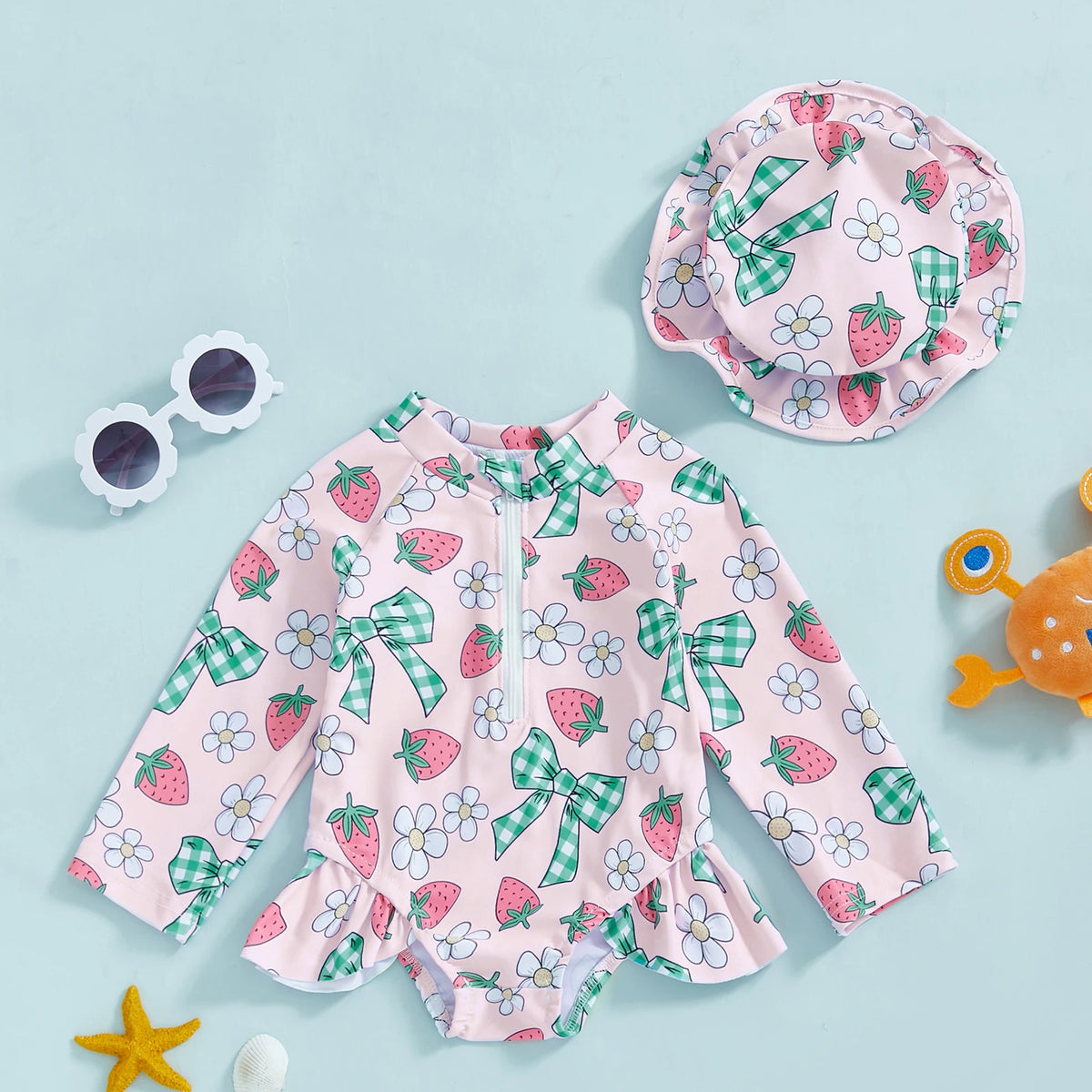 Summer Baby Girls Beacwear Princess Toddler Infant Rash Guard Swimsuits with Hat Floral Print Zip Up Children Girls Swimwears
