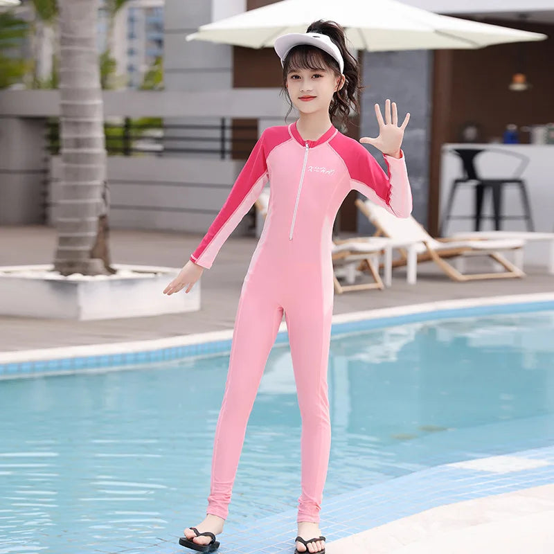 One Piece Girls Swimwear Full Cover Long Sleeve Swimsuit Kids Sun Protection Swimming Suit Teenage Korean Style Bathing Suit