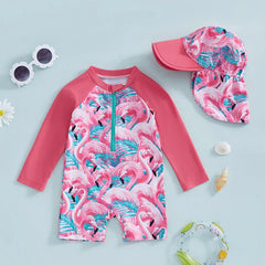 Tregren Toddler Girl Long Sleeve Swimsuit Floral/Flamingo Print Half Zipper Rash Guard Swimwear with Sun Hat Infant Beachwear