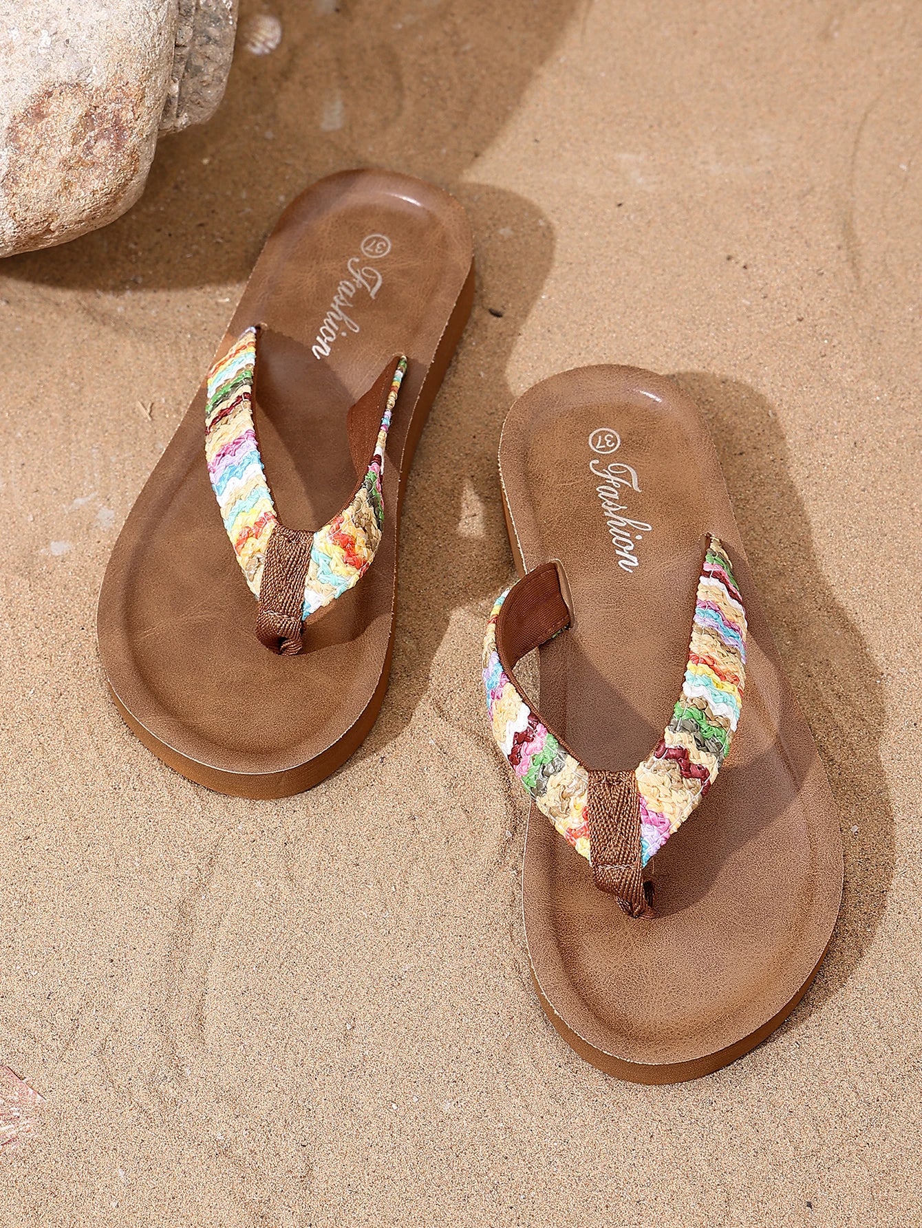 Women's Fashionable Raffia College-Style Vacation Beach Flat Flip-Flops