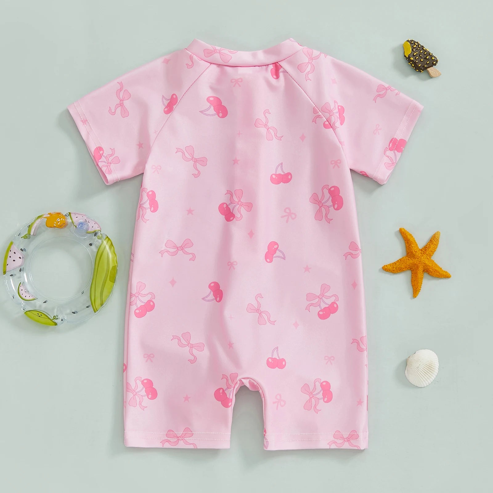 Summer Toddler Baby Girl Short Sleeve Swimwear Bathing Suit Infant Rash Guard Swimsuit Kids Cherry/Bow Print Zipper Beachwear
