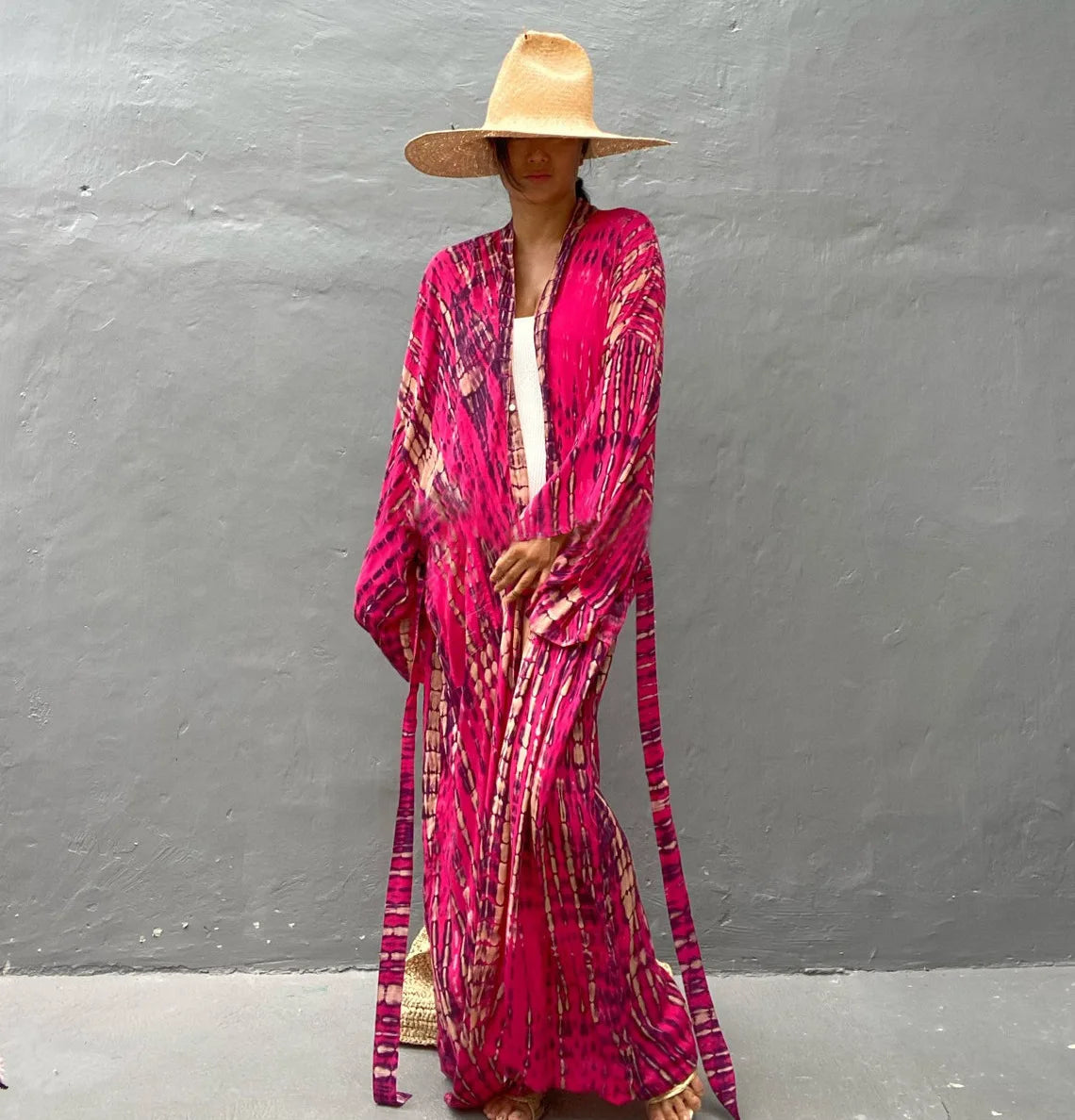 Women's Boho Stripe Tie Dye Swimsuit Cover Up with Belt Tunic Sarong Cardigan Dress Bikini Cover-ups Beach Wear Kimono