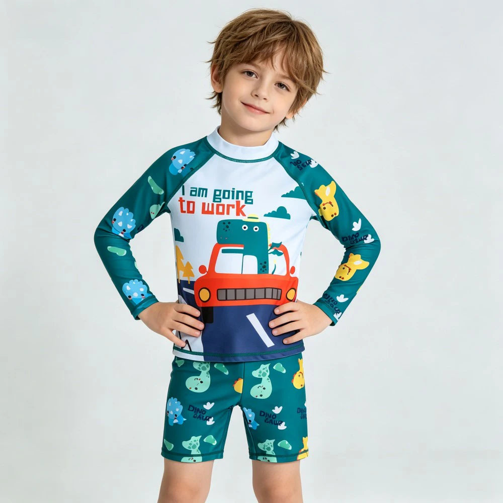 2Pcs Kids Long Sleeve Swimwear Set Boys Girls Cartoon Rash Guard Swimsuit Sun Protection Beachwear for Children Toddlers