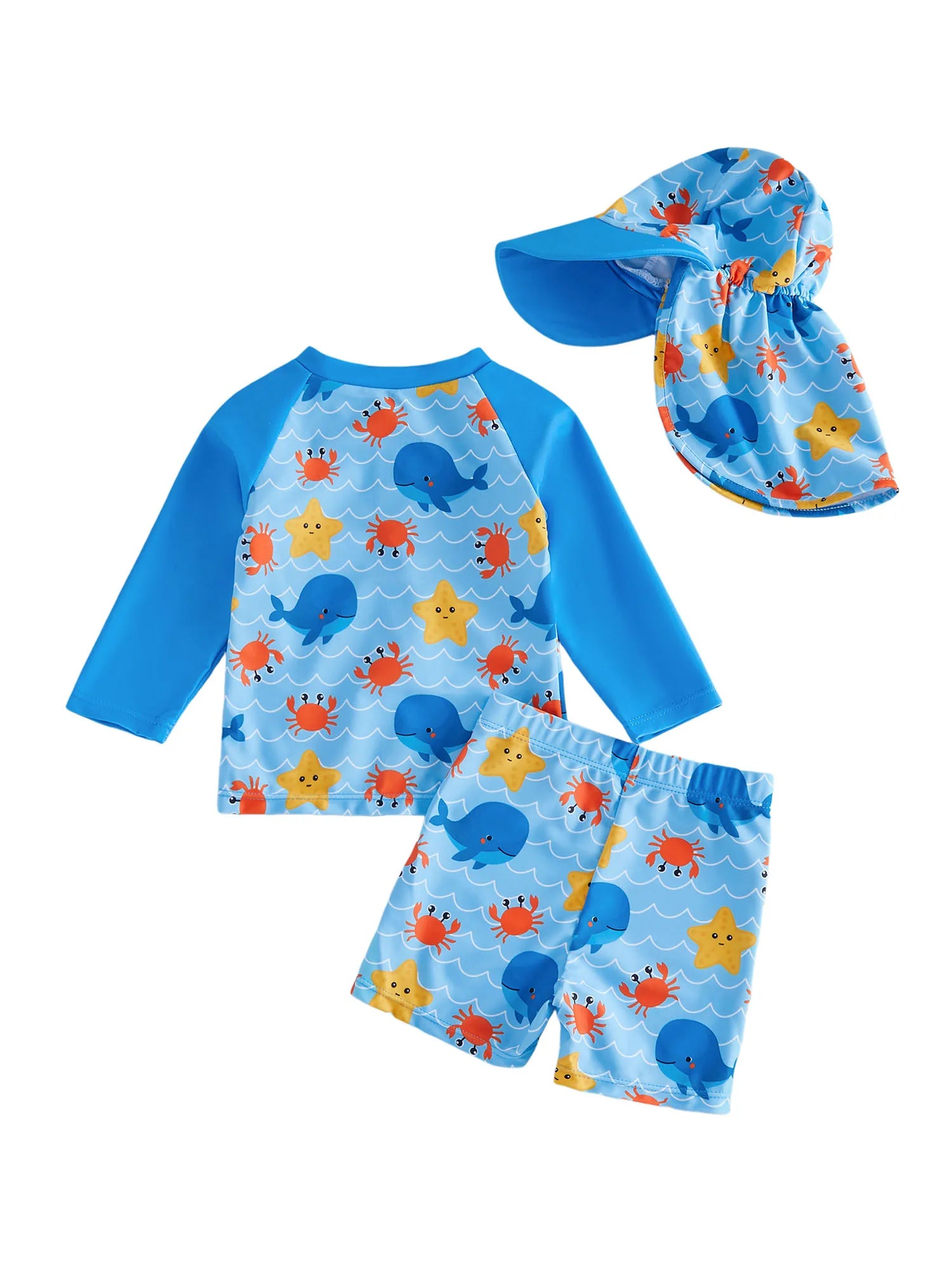 3Pcs Toddler Boy Swimsuit Set Long Sleeve Crew Neck Marine Animal Print Tops Swim Trunks and Hat Rash Guard Bathing Suit