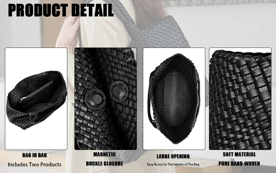 Woven Tote Bag Womens Purse Vegan Leather Shoulder Handbags - Fashion Summer Beach Tote Bags - Large Travel Totes