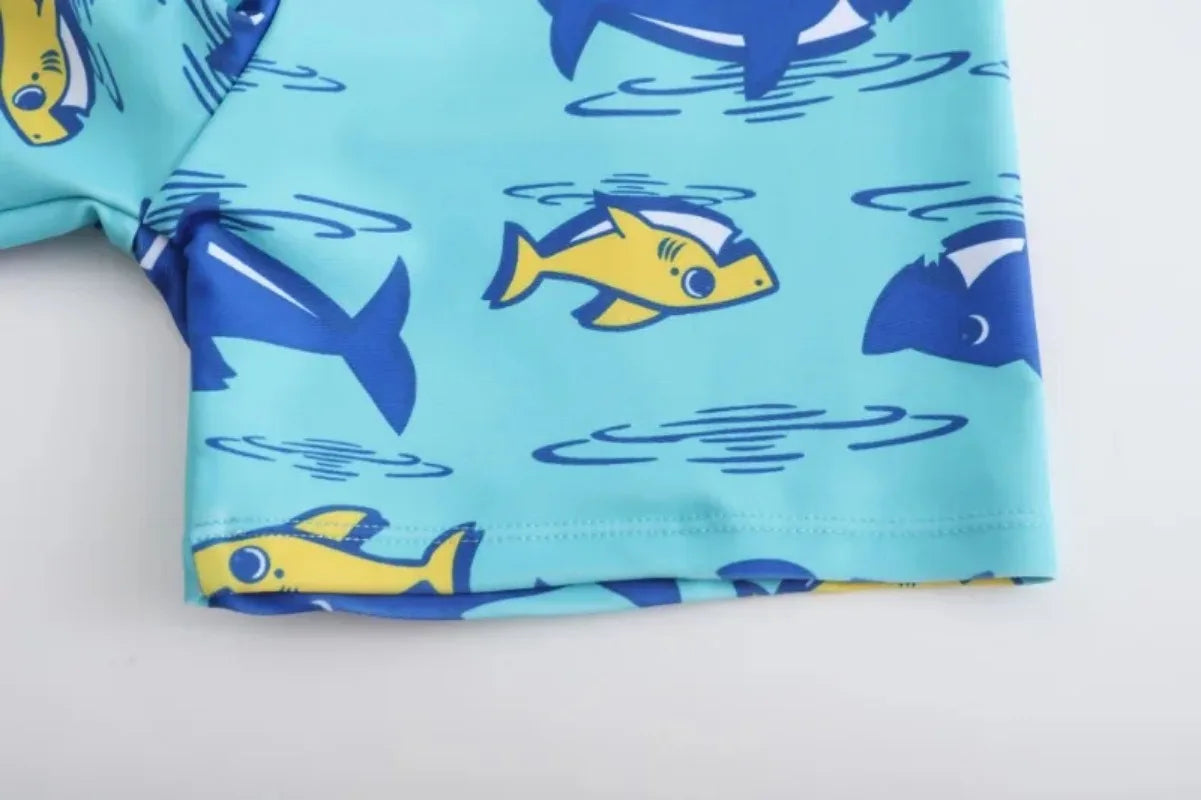 2-piece Set of Summer Children's Swim Trunks Swim Caps Boys' Swimwear Quick Drying Shorts Cartoon Print Beach Swimwear Ages 4-16