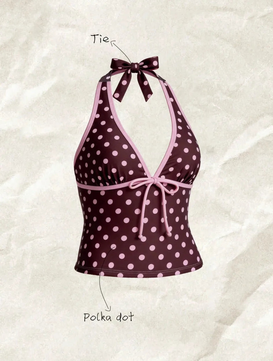 Women Swimwears Polka Dot 2-Piece Tankini Set Halter V Neck Front Tie Cami Top & Contrast Waistband Drawstring Swim Shorts