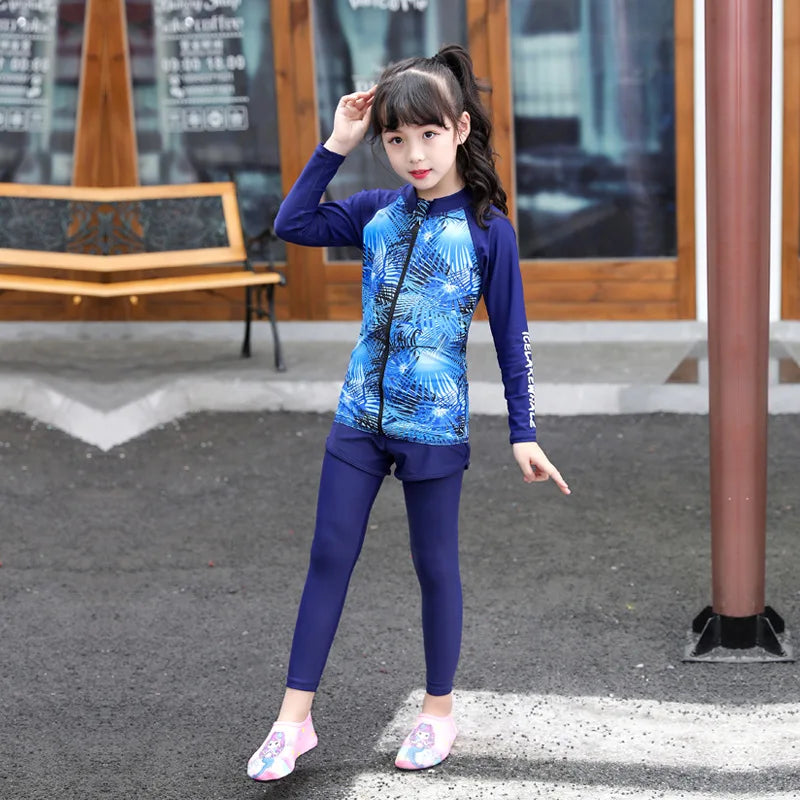 Kids Swimsuit 3 Piece Long Sleeve Rashguard Shirt and Bathing Shorts Leggings Swimwear Sun UV Protection Rash Guards Full Body