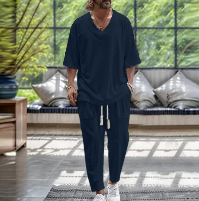 Summer Casual Trousers Set Cotton Linen 2 Piece Men's V-neck Short Sleeve T-shirt and Pants Hawaiian Beach Cotton and linen Set