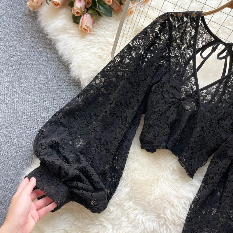 Frenchic Sexy Blusas Mujer Crochet Lace Sheer Women Tops V-neck Lantern Sleeve Backless Lace-up Ladies Elegant Blouse
