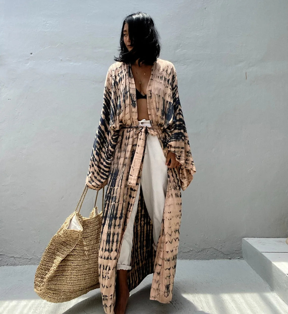 Women's Boho Stripe Tie Dye Swimsuit Cover Up with Belt Tunic Sarong Cardigan Dress Bikini Cover-ups Beach Wear Kimono