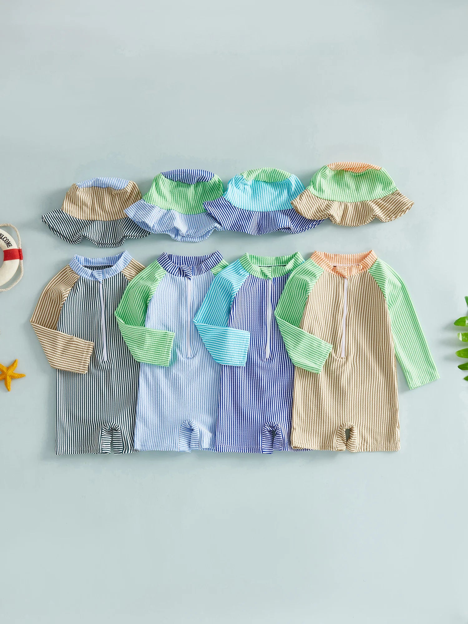 0-24M Newborn Baby Boy Rash Guard Swimsuits Contrast Color Stripes Print Long Sleeve Zip Up Bathing Suit with Sun Cap