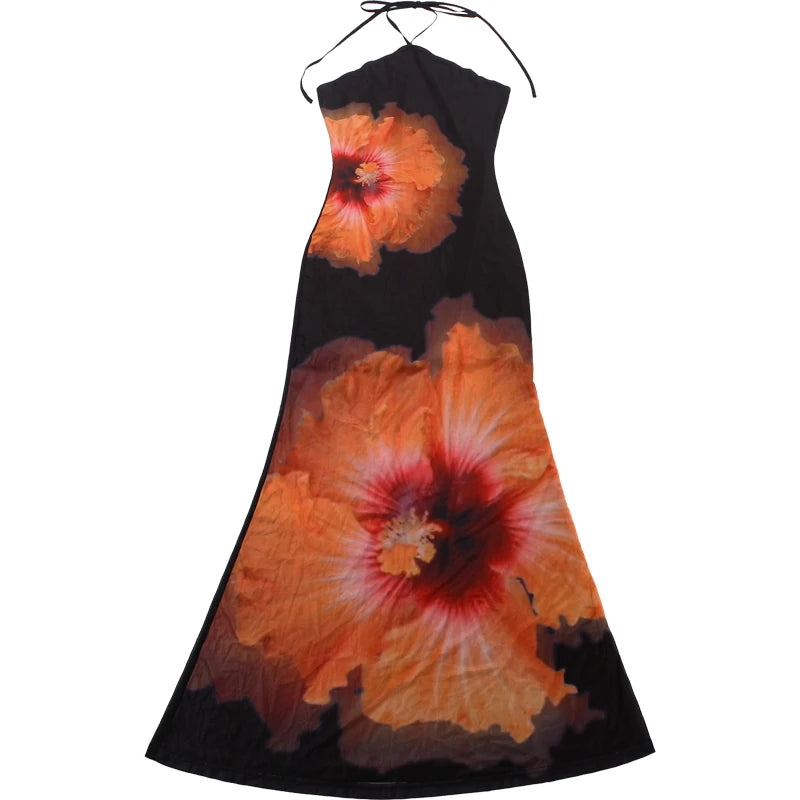 Weird Puss Beach Vacation Dress Women See Through Flower Print Halter Backless Bandage Sleeveless Party Club Stretch  Bodycon