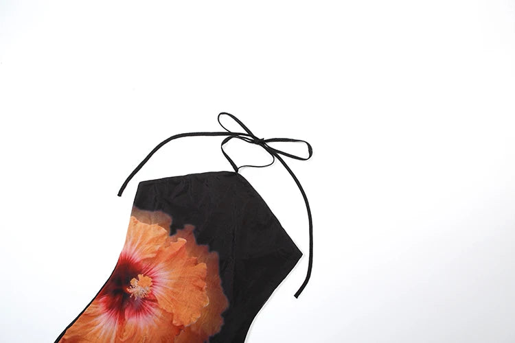Weird Puss Beach Vacation Dress Women See Through Flower Print Halter Backless Bandage Sleeveless Party Club Stretch  Bodycon