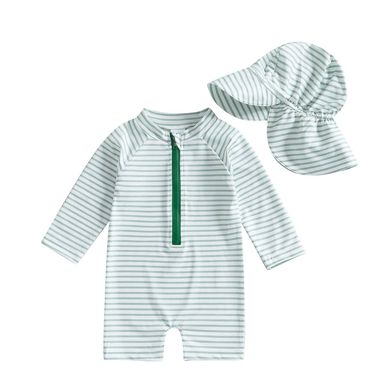 0-3T Toddler Boys Girls Rash Guard Swimsuit with Hat 2 Pcs Set Striped Pattern Zip Up Long Sleeve Crew Neck Baby Swimwears