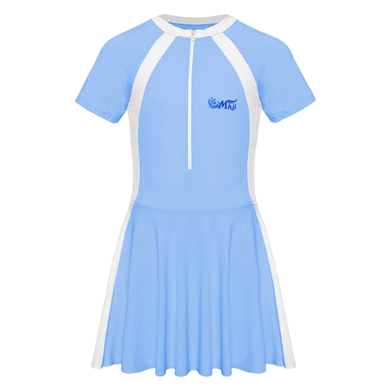 Fashion Girls One Piece Swim Dress Short Sleeve Color Block Swimsuit with Chest Pads Front Zipper And Safety Shorts Beachwear