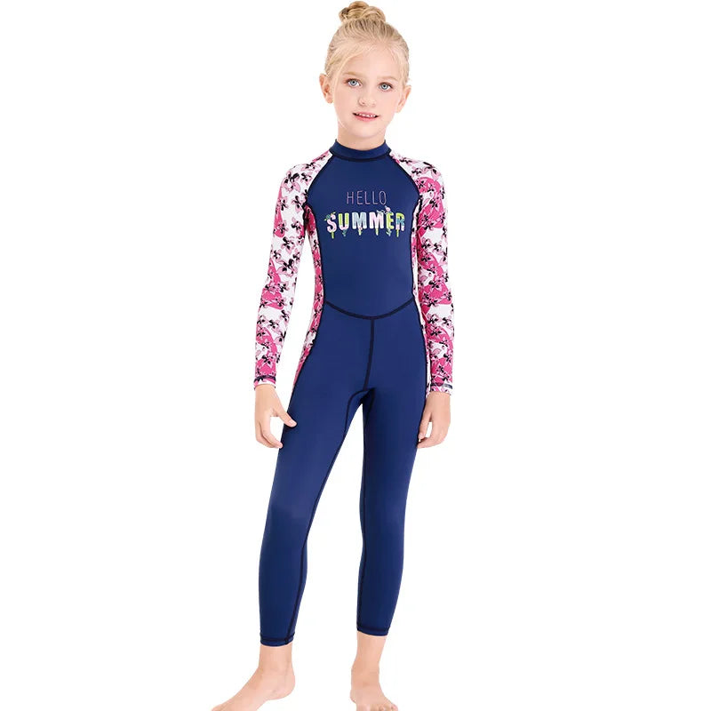 Girl Boy Swimwear Zipper One Piece Suit Kids Sunscreen Quick Drying Long Swimsuit Beachwear Bathing Suit(Including Swimming Cap)