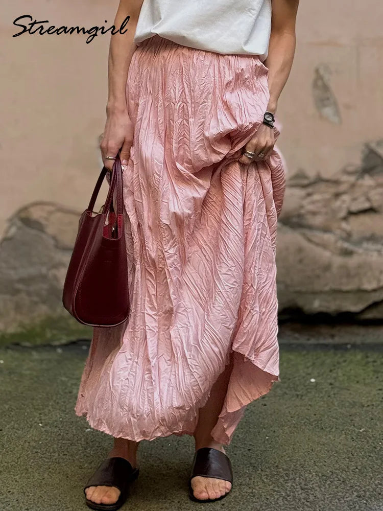 Streamgirl Women Summer Skirts Long Pleated A Line Elegant Solid Big Swing Maxi Skirt Ladies Blue White Beach Skirt Women Luxury