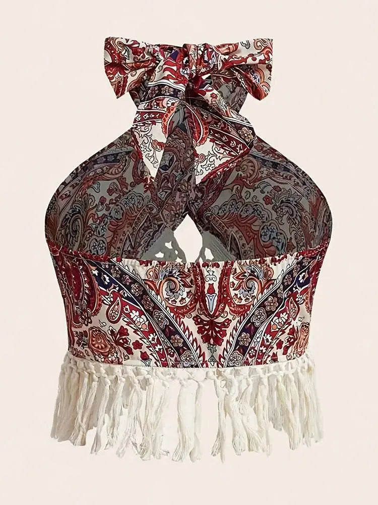 Paisley Print Fringed Edge Butterfly Knot Tie Back Hanging Neck Top Women's Bohemian Style off Shoulder Casual Fashion