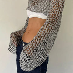 Long Sleeve Crochet Crop Top Summer Knit Hollow Out Mesh Cover Ups 2024 Women‘s Y2k Crochet Tops Pullover Streetwear