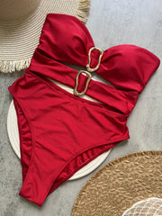 3 Colors Sexy Metal Rings Cut Out Women Swimwear One Piece Swimsuit Female Bandeau High Leg Cut Bather Bathing Suit Swim B022D
