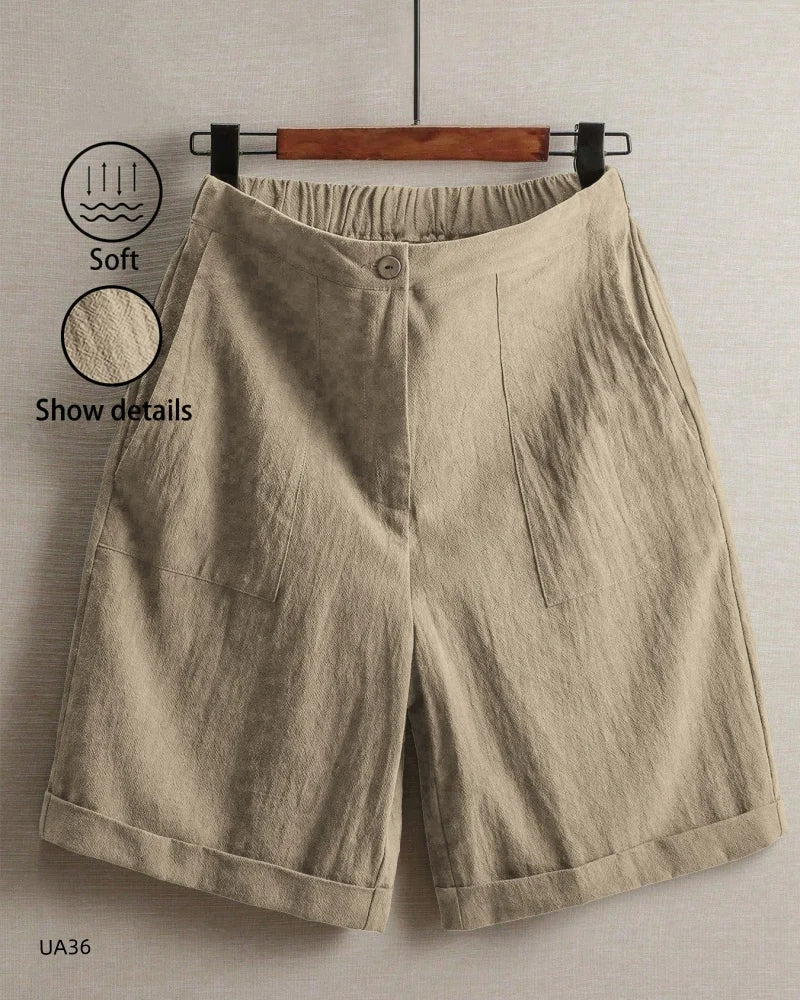 2026 summer new cotton and linen five-piece pants women's high-waisted elastic waist button shorts loose casual shorts