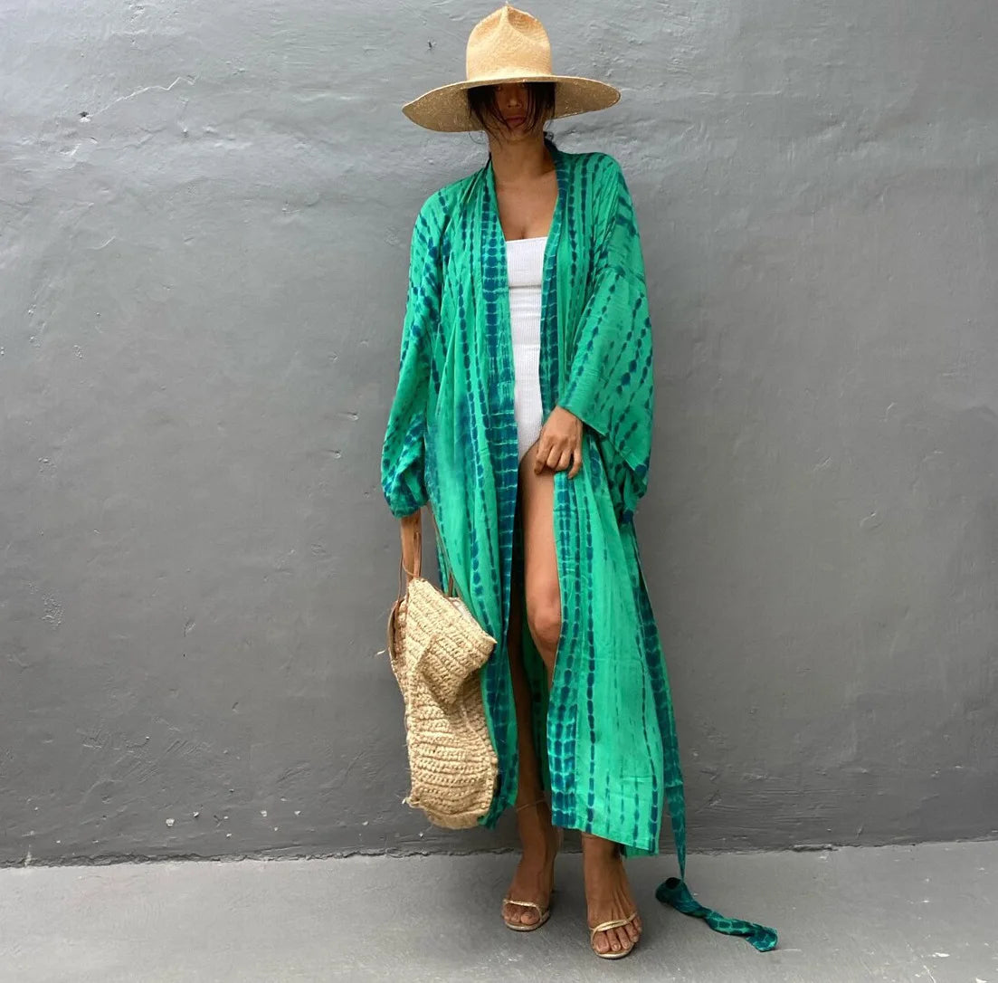 Women's Boho Stripe Tie Dye Swimsuit Cover Up with Belt Tunic Sarong Cardigan Dress Bikini Cover-ups Beach Wear Kimono