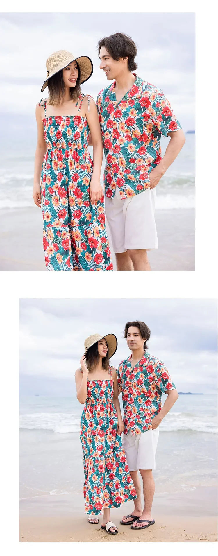 Family Holiday Clothes Dad and Son Boy Beach Shirts Two Piece Sets Vacation 2023 Mom and Baby Girl Floral Smock Dress Sleeveless