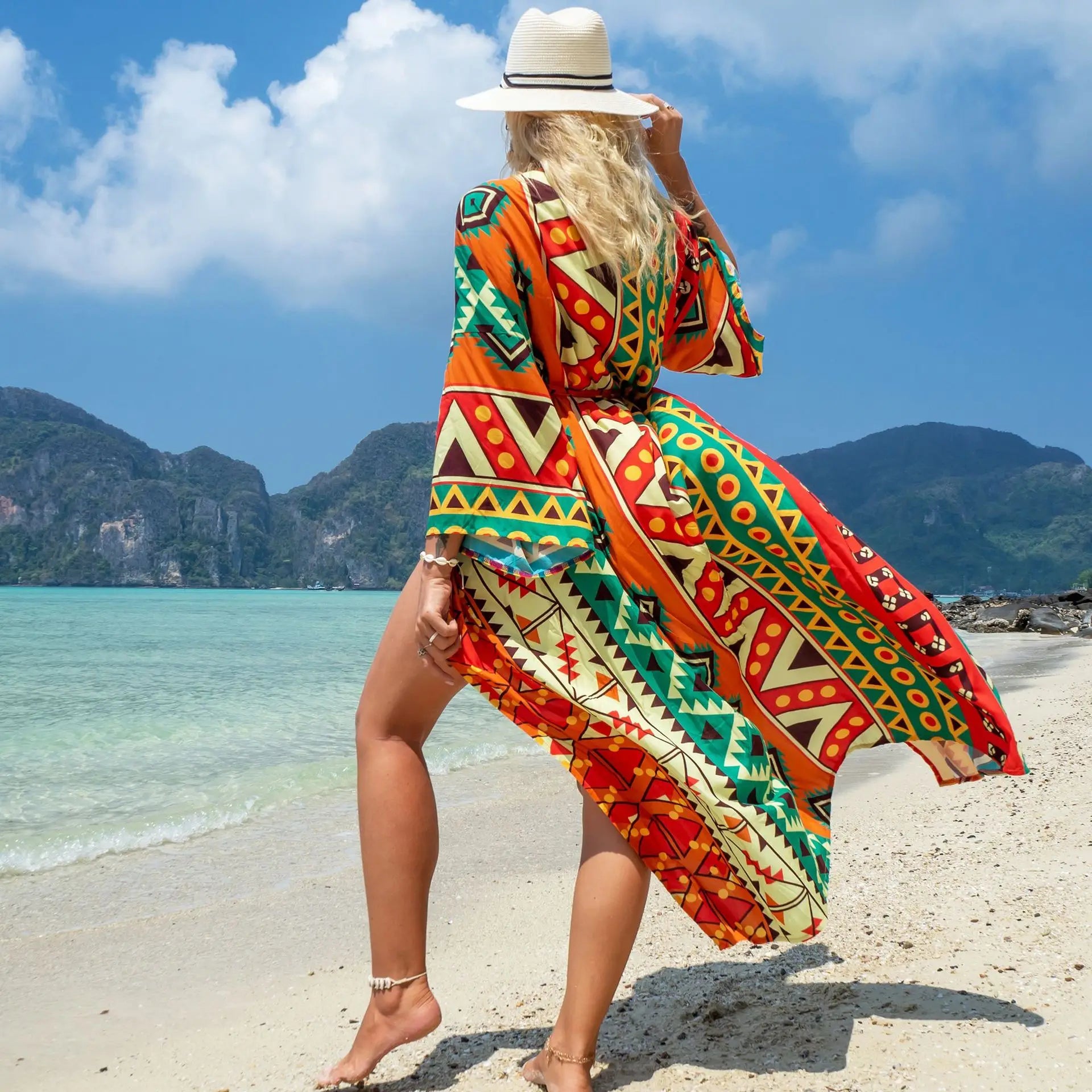 Swimsuit Cover Up Printed Kimono for Sea Boho Coverup Long Luxury Beach Outings Belted Swimwear Cape Holiday Bathing Suits Sales