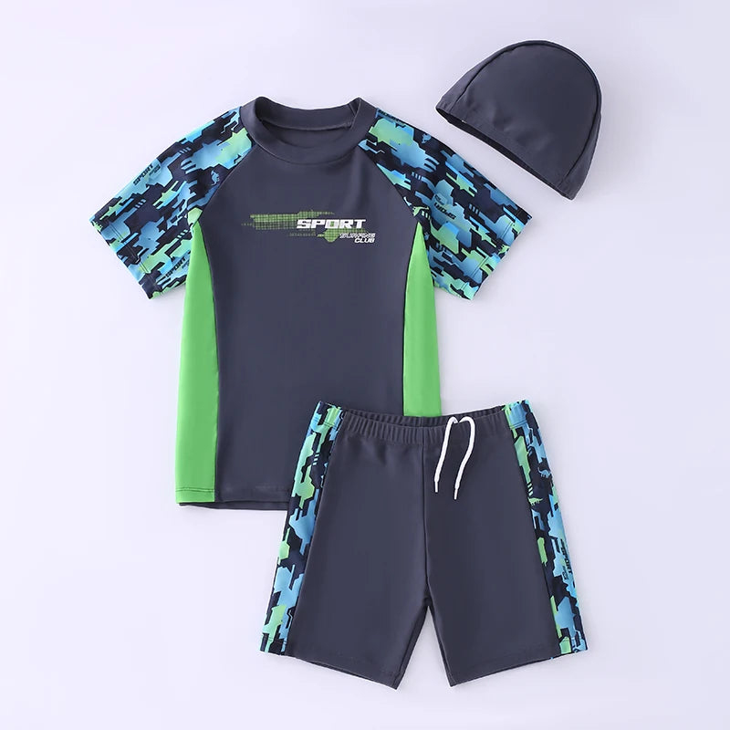 Kids Boy Swimsuit Summer Children Board Shorts Sets Boys Split Short Sleeve Quick Drying Boys Swimwear Beach Surfing Swimsuits