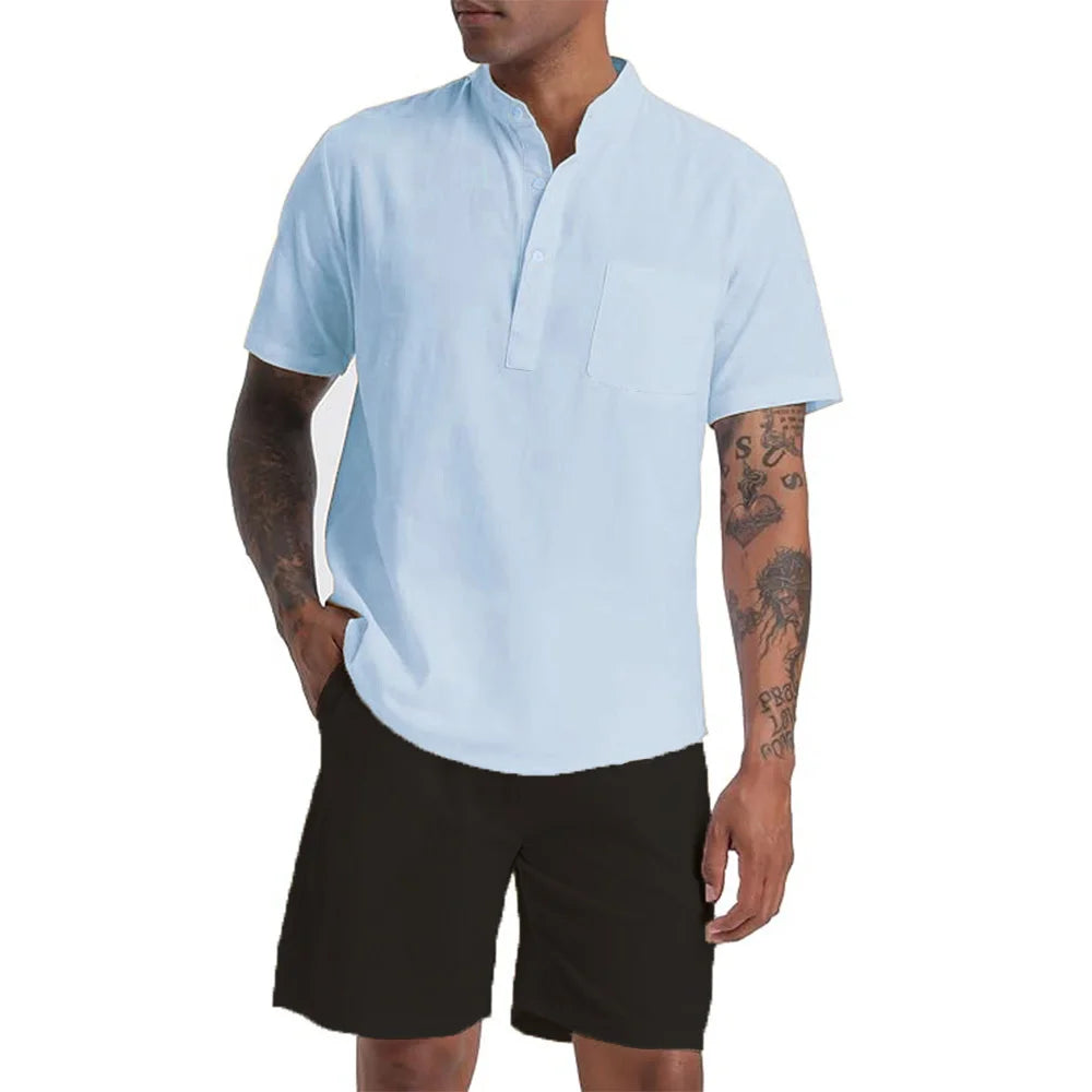 Men's Cotton Linen Set Henley Shirts Shorts Outfits 2 Pieces Beach Clothes Vacation Matching Suit Summer Wear Shirt Sleeve