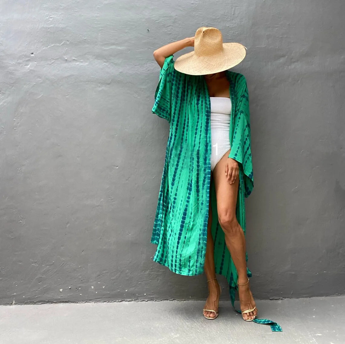 Women's Boho Stripe Tie Dye Swimsuit Cover Up with Belt Tunic Sarong Cardigan Dress Bikini Cover-ups Beach Wear Kimono