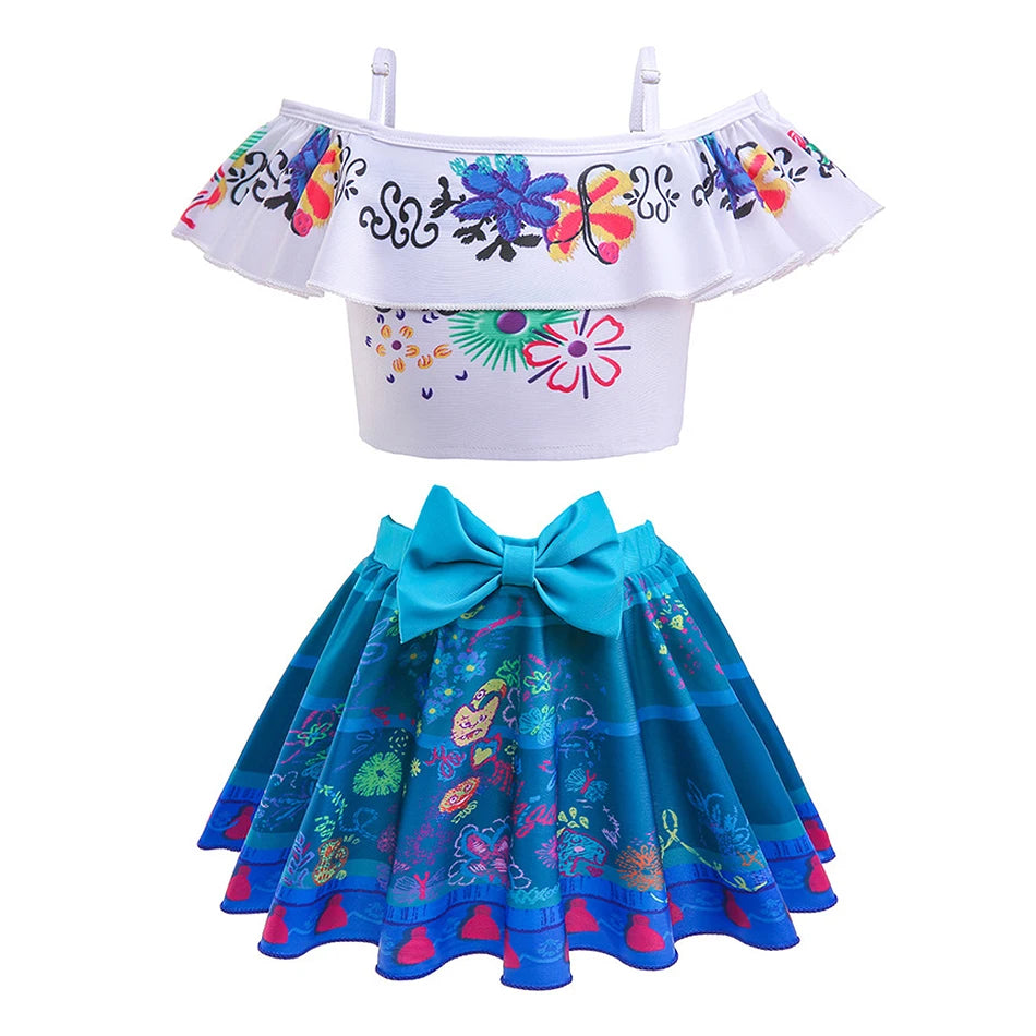 Encanto Cosplay Mirabel Isabela 2Pcs Tops Skirt Set Girls Dolores Luisa Pepa Bikini Swimwear Children Print Beachwear Costumes