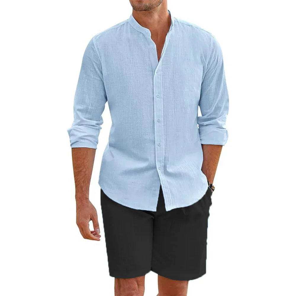 2 pcs Sets Men's Summer Cotton Linen Shirt and Shorts Cardigan Simple Casual Beach Shirts Comfortable Hawaii Wear