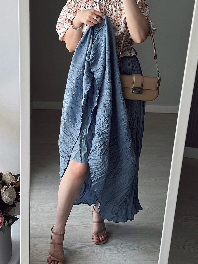 Streamgirl Women Summer Skirts Long Pleated A Line Elegant Solid Big Swing Maxi Skirt Ladies Blue White Beach Skirt Women Luxury