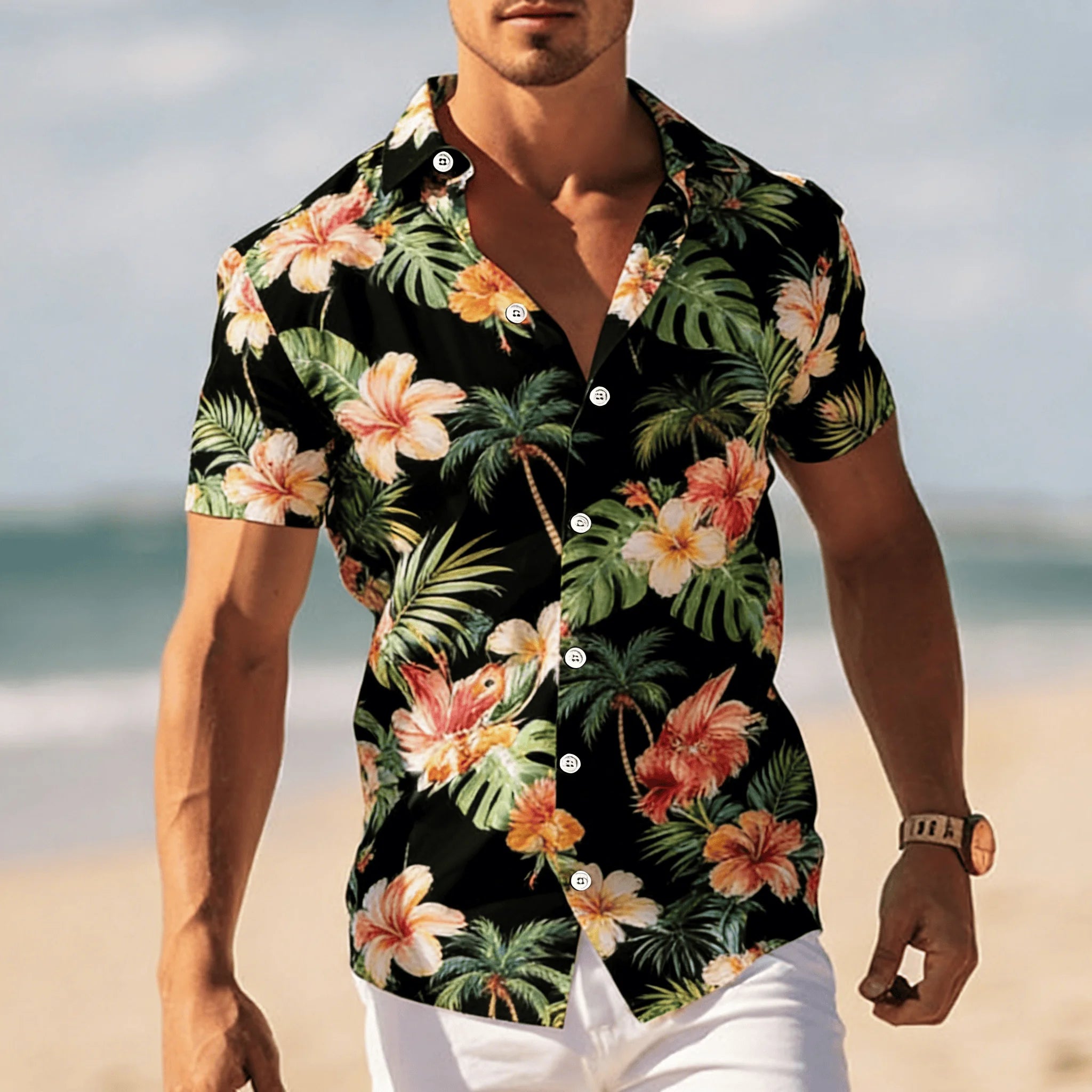 Men's Tropical Floral Print Short Sleeve Shirt, Spring Summer Cool Vacation Casual Top, Pocket Lapel Style