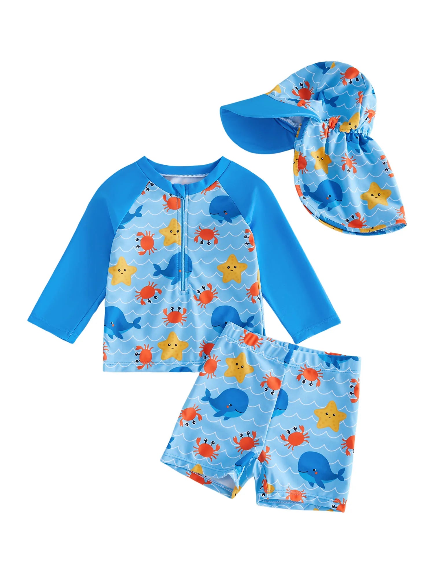 3Pcs Toddler Boy Swimsuit Set Long Sleeve Crew Neck Marine Animal Print Tops Swim Trunks and Hat Rash Guard Bathing Suit