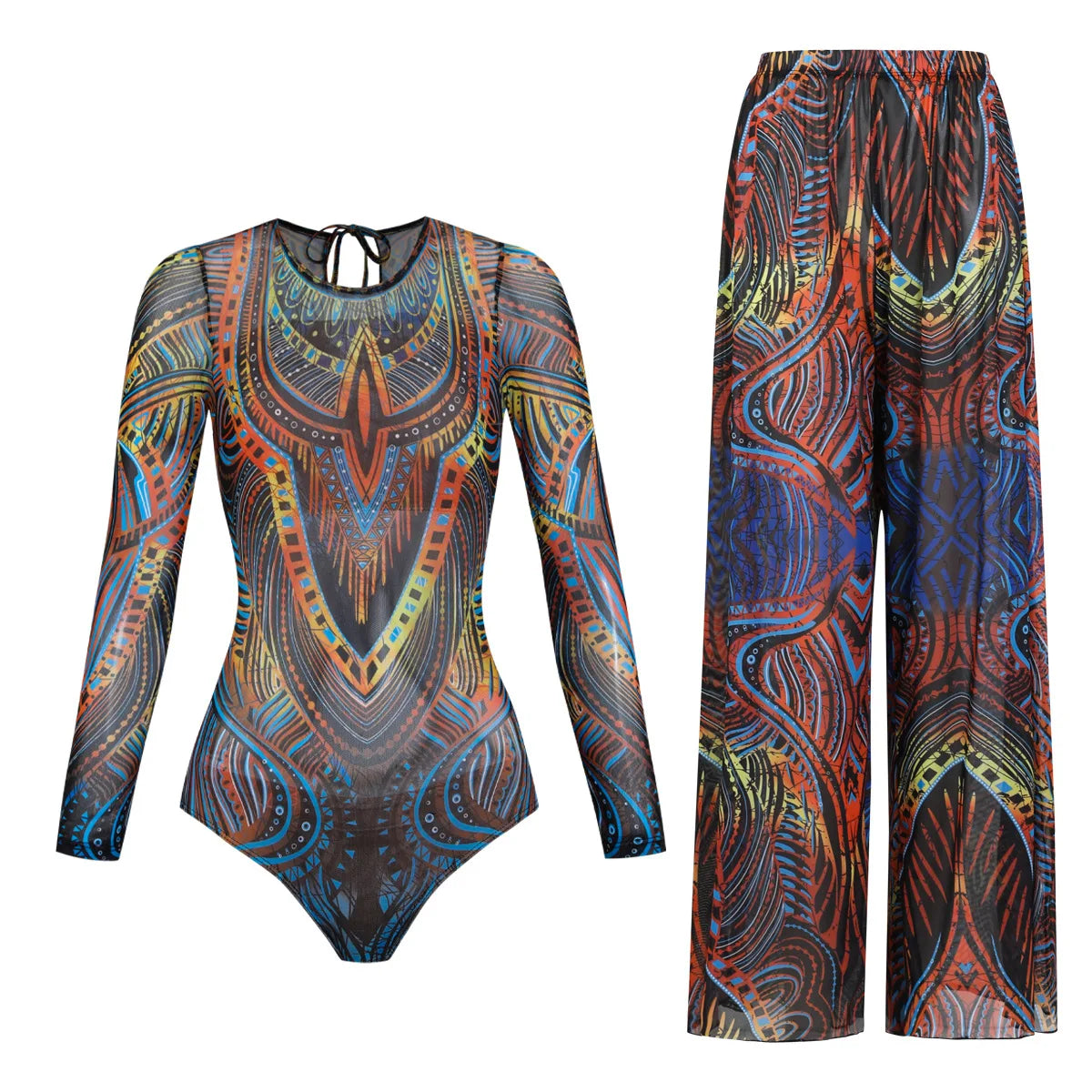 Women's Long Sleeve Swimwear Sunscreen One Piece Swimsuit High Elastic Thickened Mesh Loose Pants SPF35+ New Fitness Beachwear