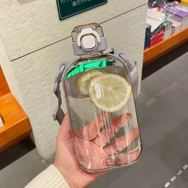 Flat Square Transparent Water Bottle Portable Travel Canteen with Adjustable Strap Elegant Slim Bottle for Sport Camping