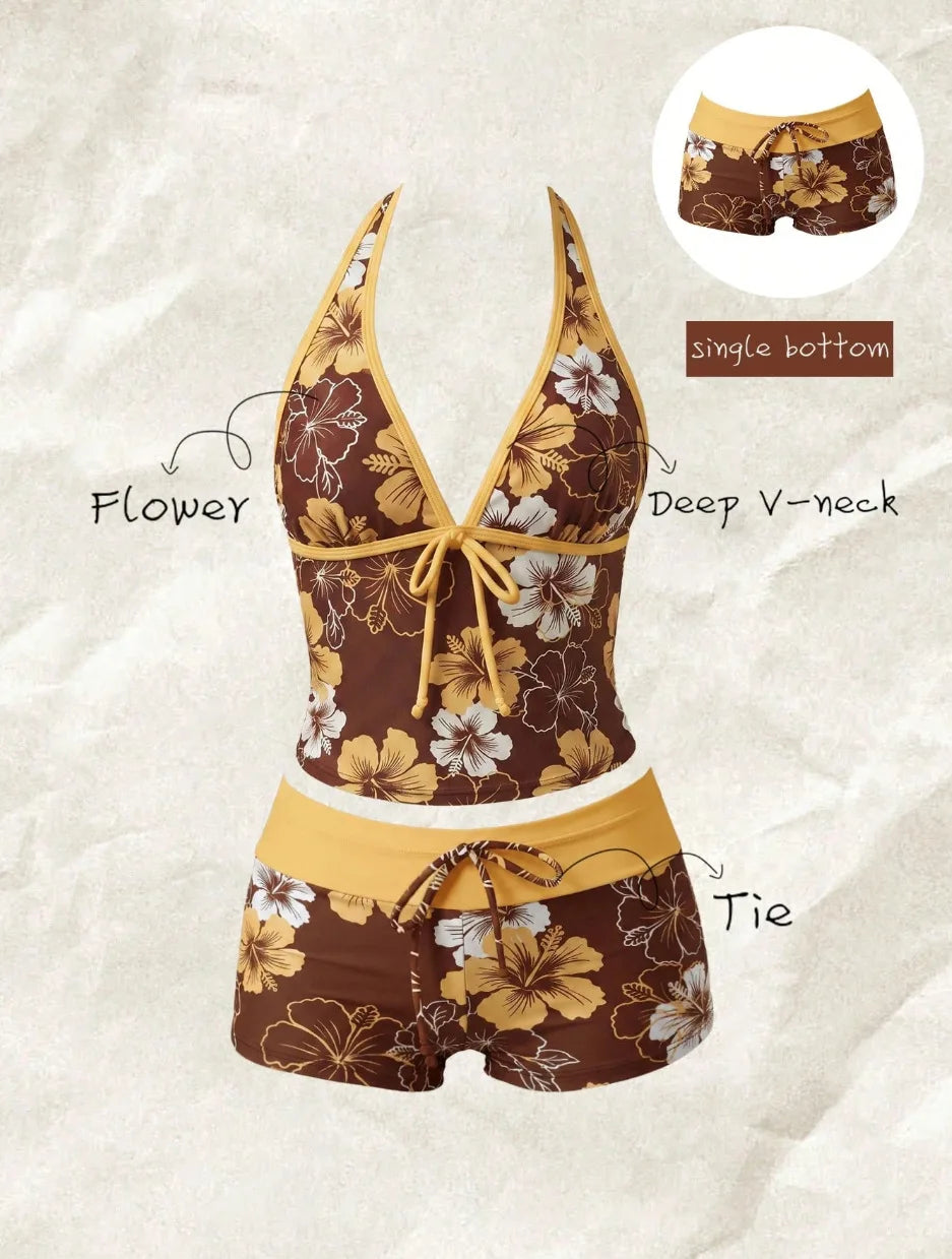 Women Swimwears Polka Dot 2-Piece Tankini Set Halter V Neck Front Tie Cami Top & Contrast Waistband Drawstring Swim Shorts