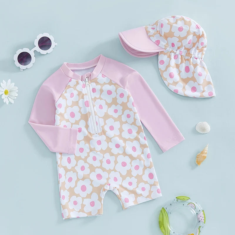 Tregren Toddler Girl Long Sleeve Swimsuit Floral/Flamingo Print Half Zipper Rash Guard Swimwear with Sun Hat Infant Beachwear
