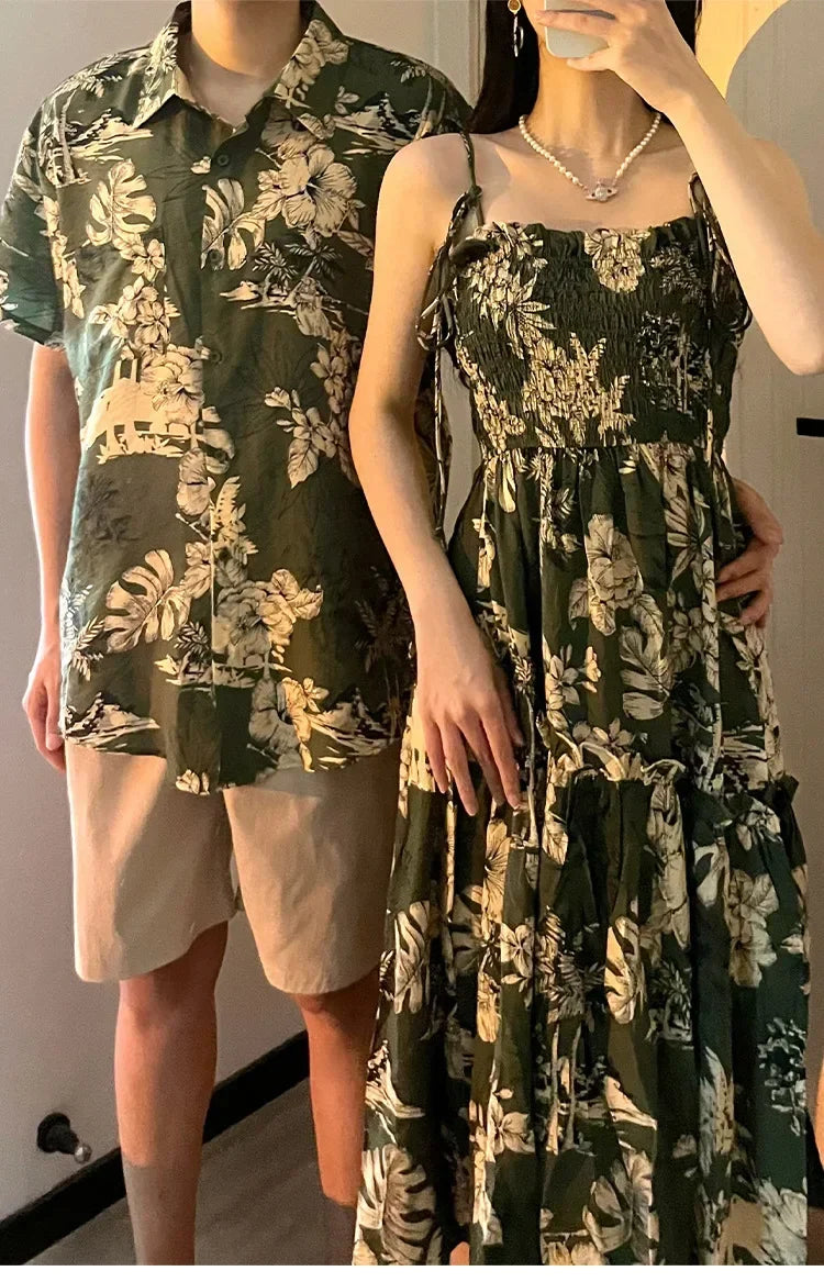 Holiday Family Matching Beach Clothes Couple Vacation Look Mom  Dress Resort Dad Son Print Shirts Outfits Daughter Smock Green
