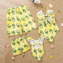 Family Matching Outfits Coconut Tree Print Holiday Look Beachwear Adult Kids Swimsuit Women Girls One-piece Suit Men Boys Shorts