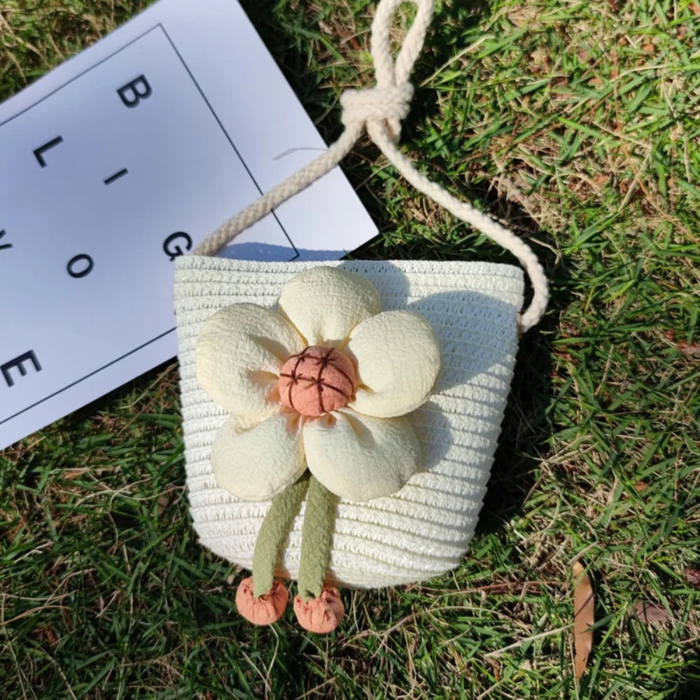 Flower Straw Baby Bags Handmade Summer Beach Women Girls Shoulder Bag Messenger Bag Kids Keys Coin Purse Princess Mini Handbag