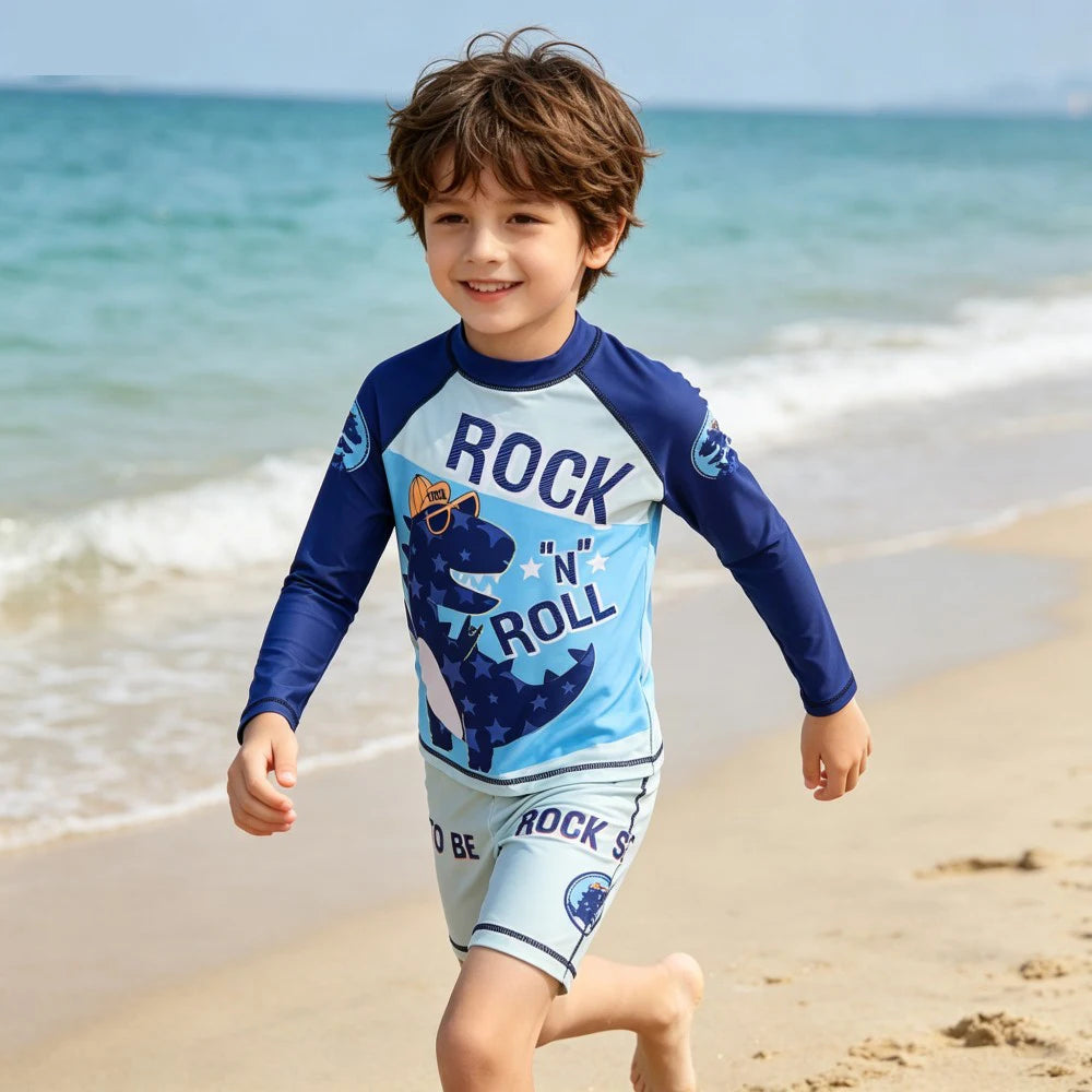 2Pcs Kids Long Sleeve Swimwear Set Boys Girls Cartoon Rash Guard Swimsuit Sun Protection Beachwear for Children Toddlers
