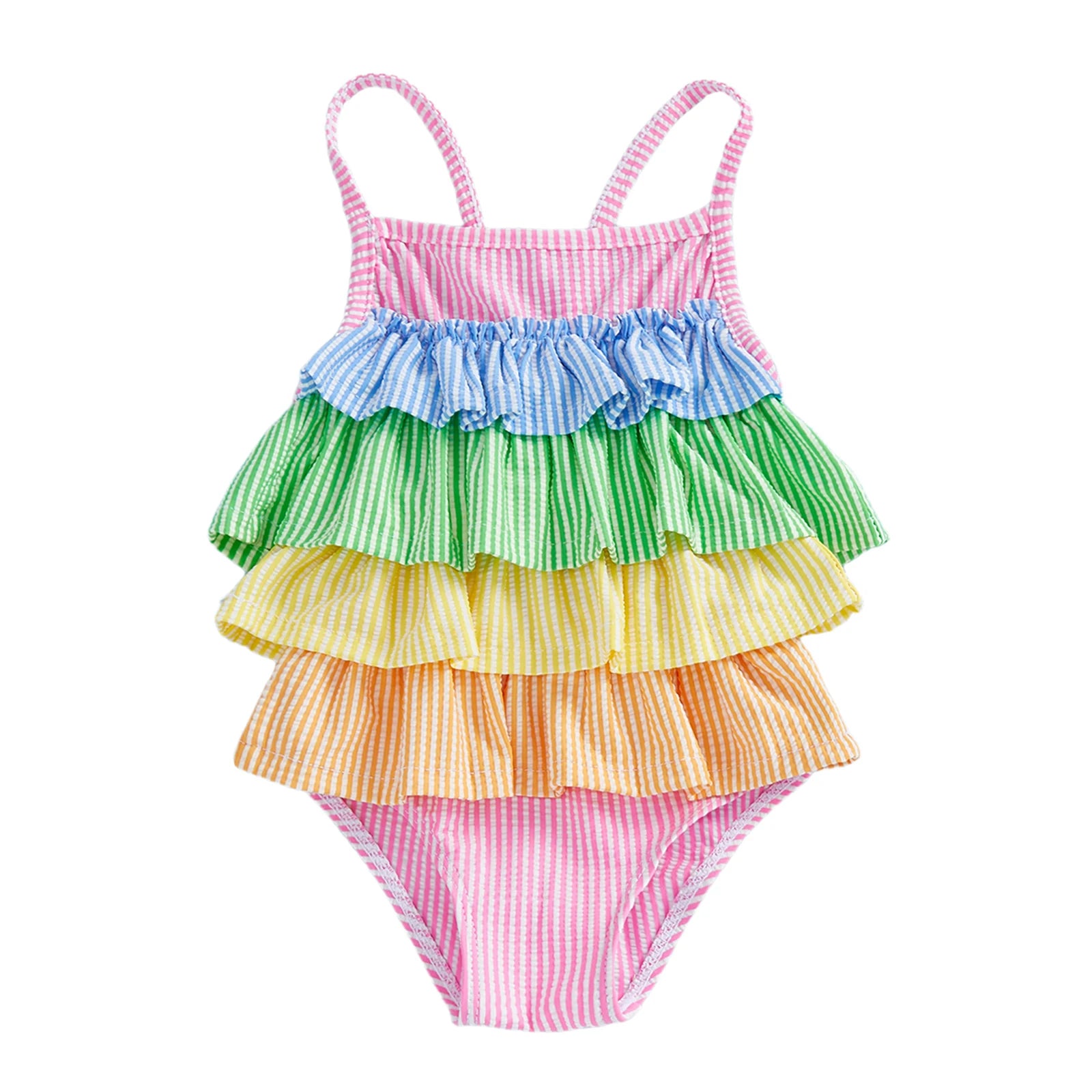Little Girls Summer Cami Romper Swimsuit Sleeveless Tiered Striped/Plaid Swimwear