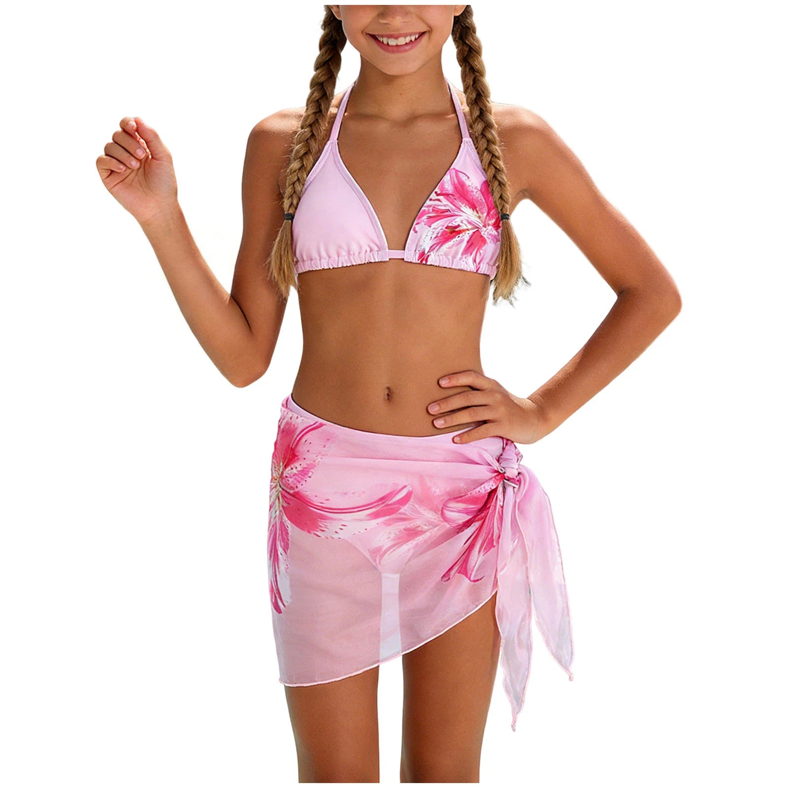 3 Piece Set Bikinis Sets Girls Cute Triangle Swimsuit With Beach Cover Up Bathing Suit Summer Fashion Printed Swimsuits For Girl